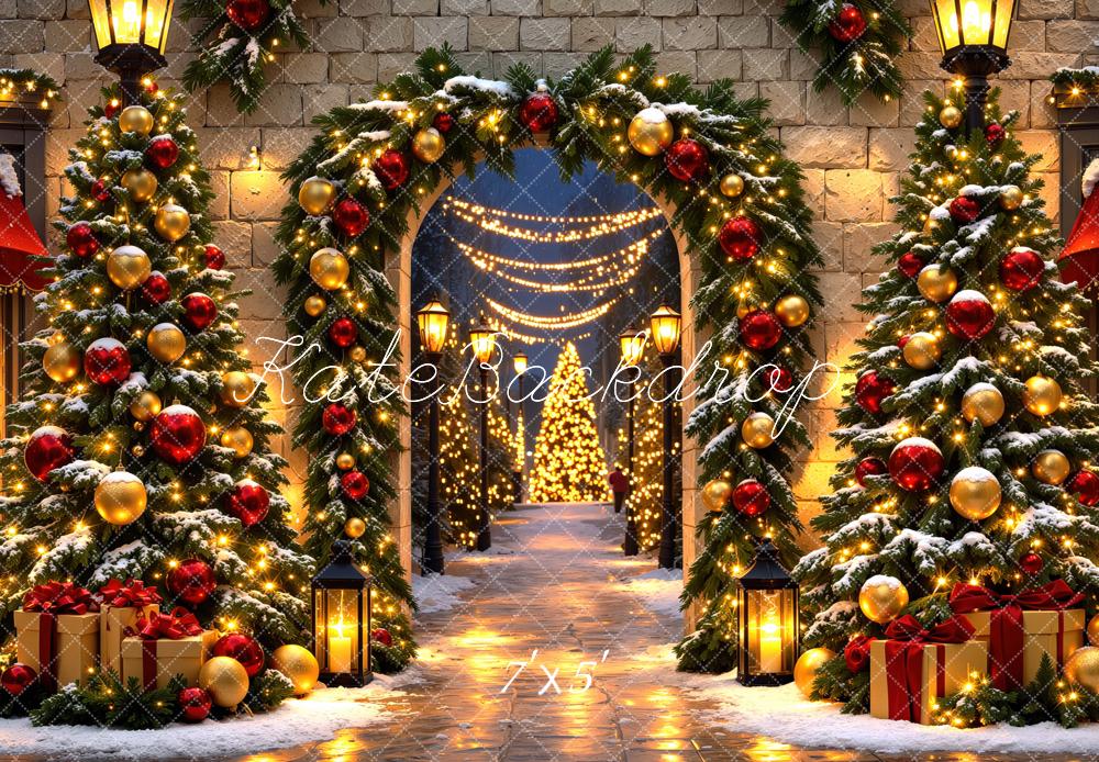 Kate Christmas Tree Archway Snow Ornaments Gifts Lights Printed Backdrop Designed by Mini MakeBelieve