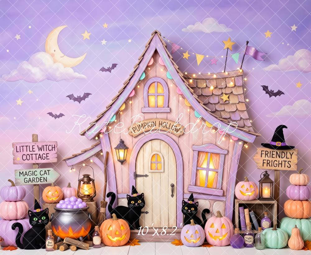 Kate Halloween Cake Smash Witch Cottage Pumpkins Black Cats Printed Backdrop Designed by Patty Roberts
