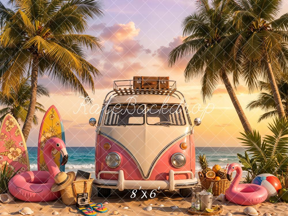 Kate Summer Beach Pink Truck Palm Trees Surfboards Flamingo Printed Backdrop Designed by Chain Photography
