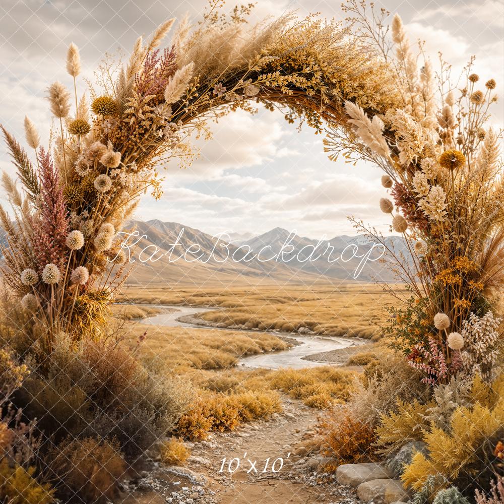 Kate Boho Outdoor Flower Arch Rustic Pathway Mountains Printed Backdrop Designed by Emetselch