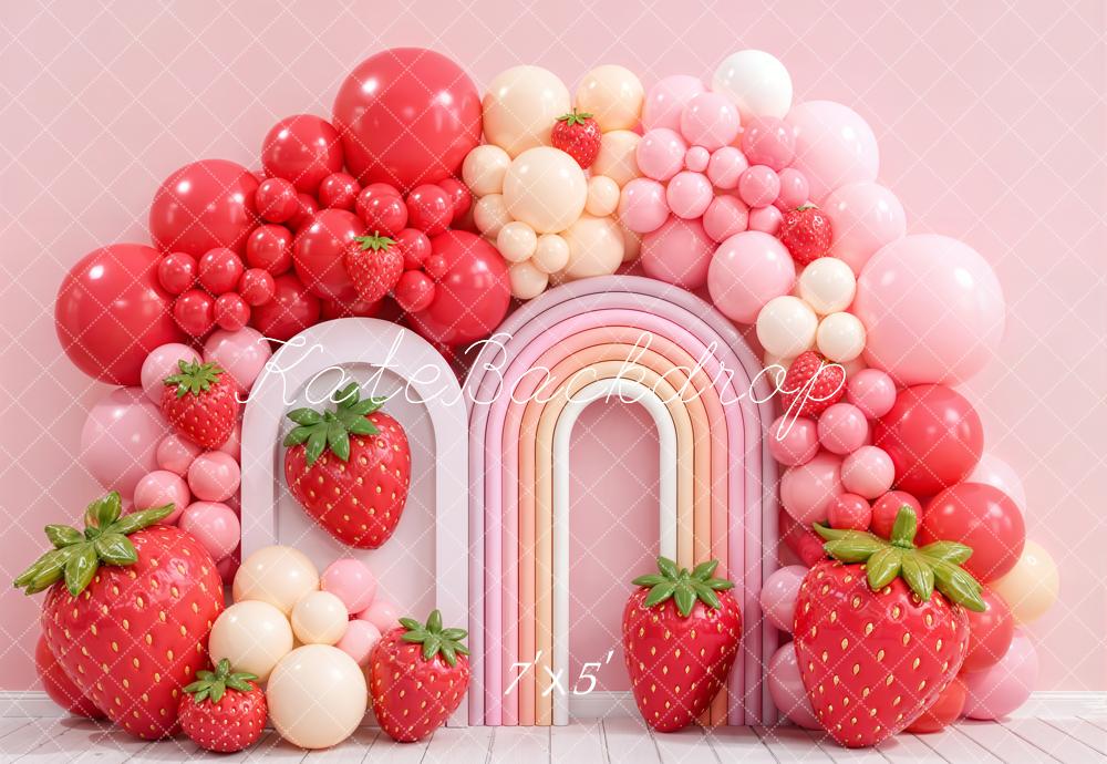Kate Cake Smash Birthday Strawberry Balloon Arch Pink Rainbow Printed Backdrop Designed by Emetselch