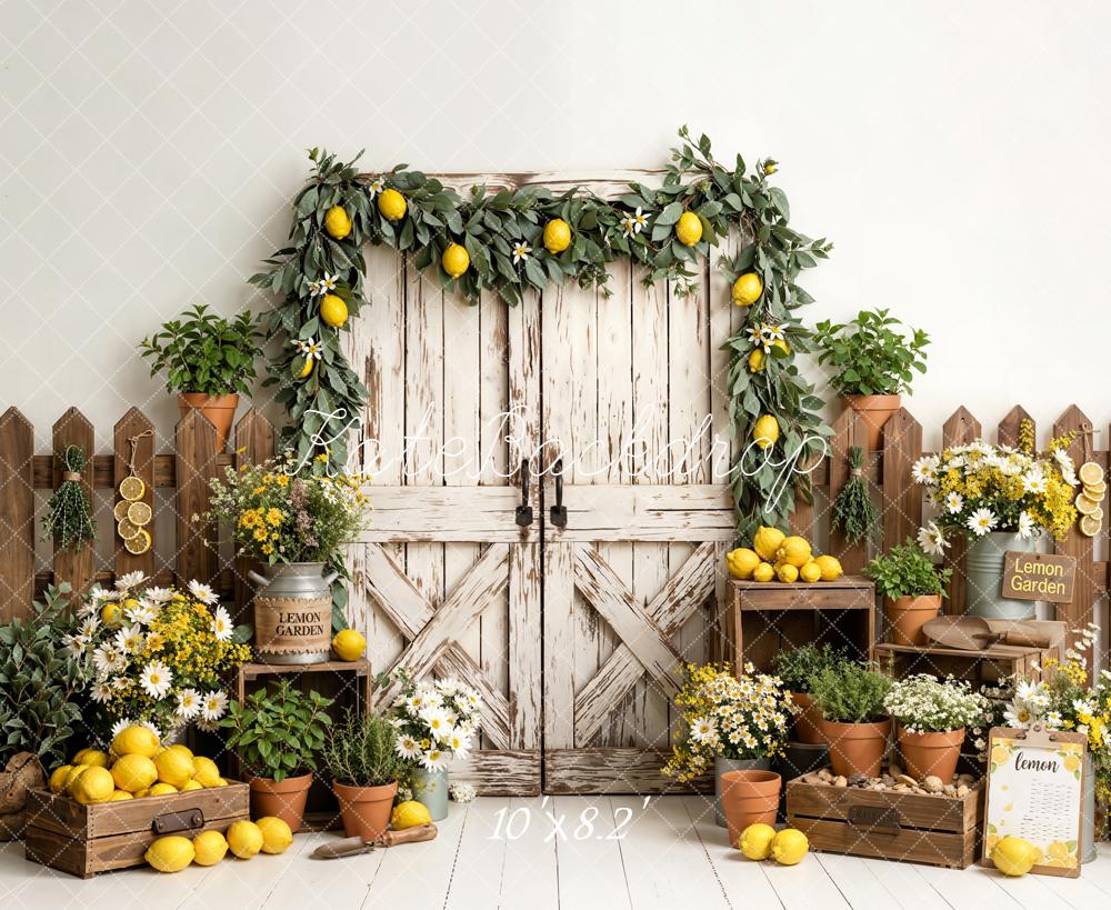 Kate Summer Lemon Garden Flowers Rustic Fence Barn Door Printed Backdrop Designed by Emetselch
