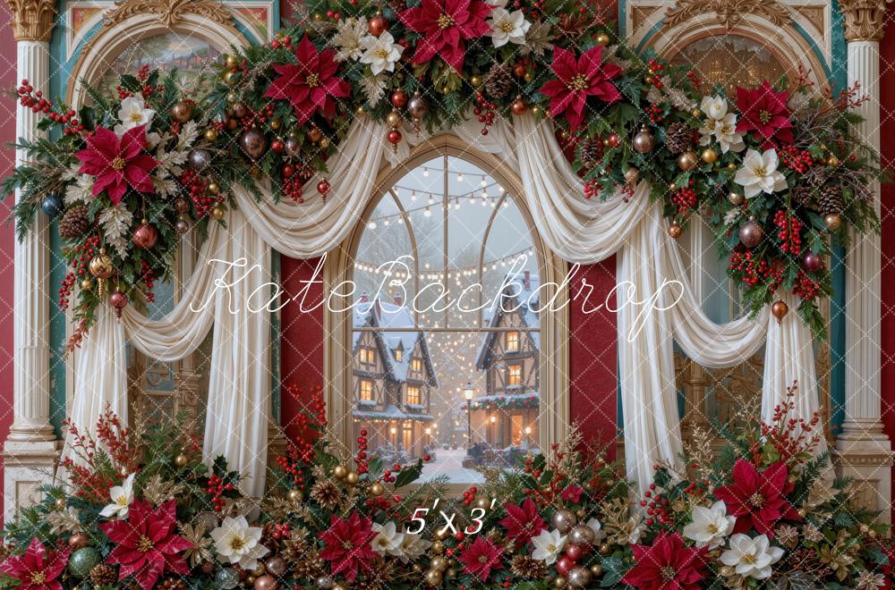 Kate Christmas Poinsettia Garland Ornate Drapes Window Printed Backdrop Designed by Mini MakeBelieve