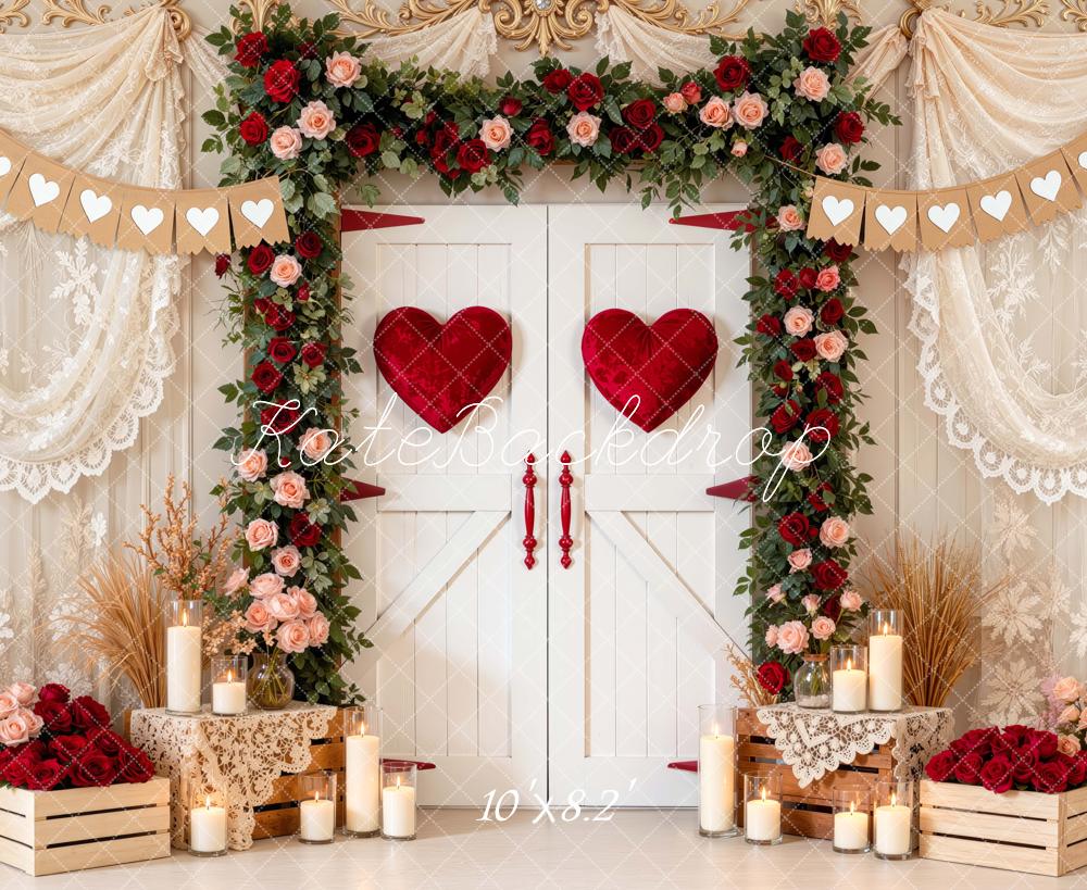 Kate Valentine's Day White Doors Heart Flower Arch Printed Backdrop Designed by Mini MakeBelieve