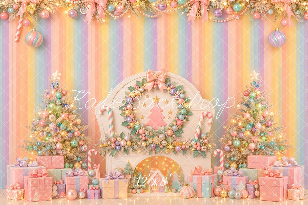 Kate Christmas Pastel Fireplace Christmas Tree Gifts Bow Printed Backdrop Designed by Emetselch
