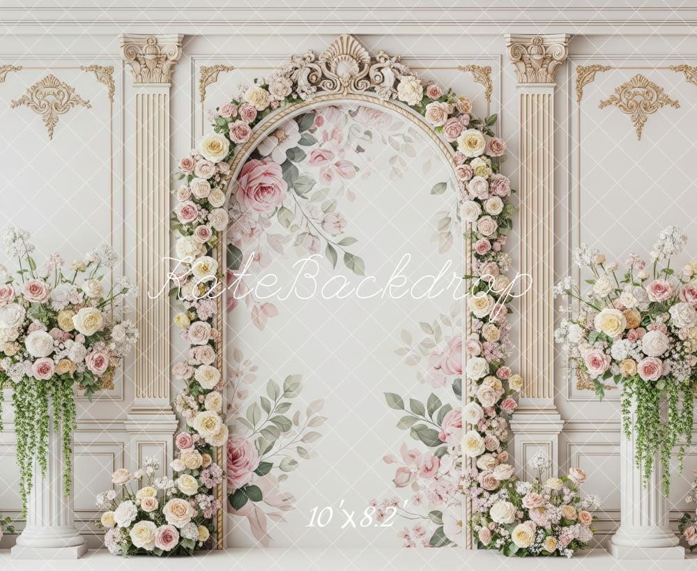 Kate Spring Flower Arch Floral Columns White Wall Backdrop Designed by Patty Roberts