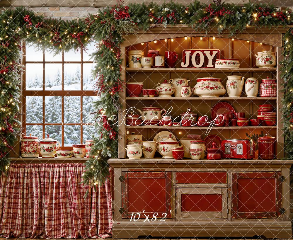 Kate Christmas Kitchen Cabinet Window Garland Cups Dishes Printed Backdrop Designed by Emetselch