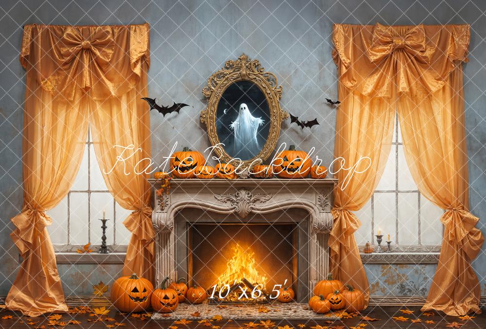 Kate Halloween Pumpkin Fireplace Bow Curtains Ghost Mirror Backdrop Designed by Emetselch