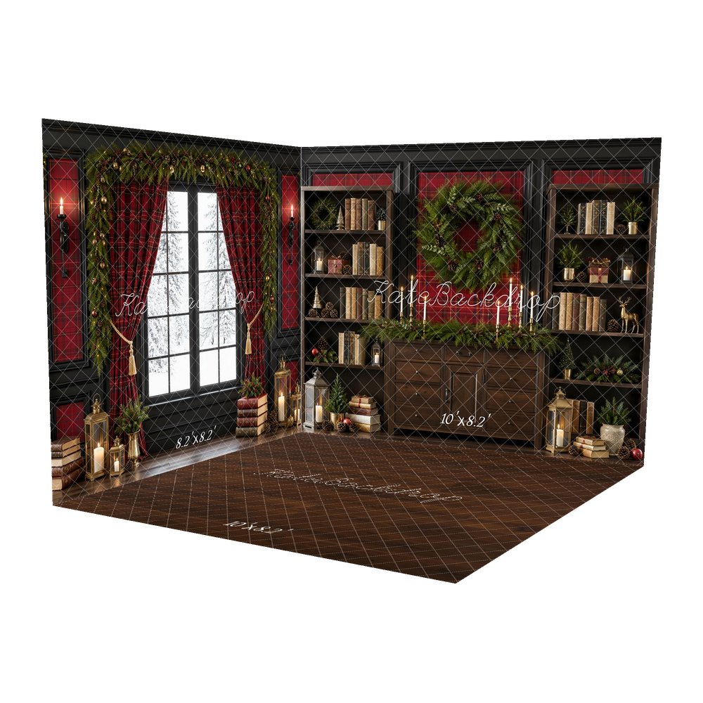 Kate Christmas Plaid Library Bookshelves Wreath Window Printed Backdrop Room Set