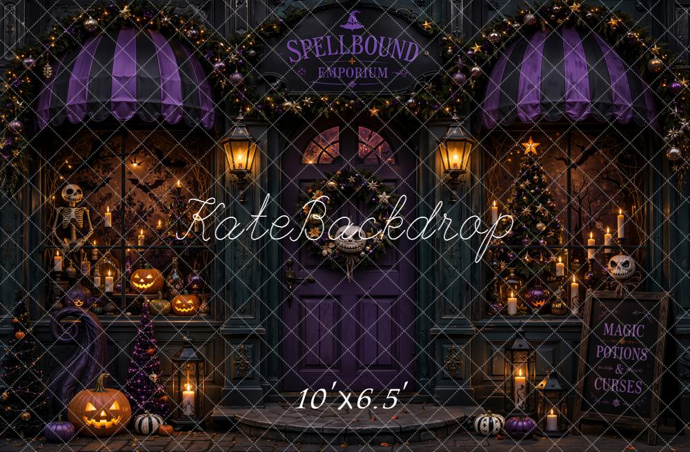 Kate Halloween Doorway Spellbound Emporium Purple Pumpkins Skeleton Candles Printed Backdrop Designed by Emetselch