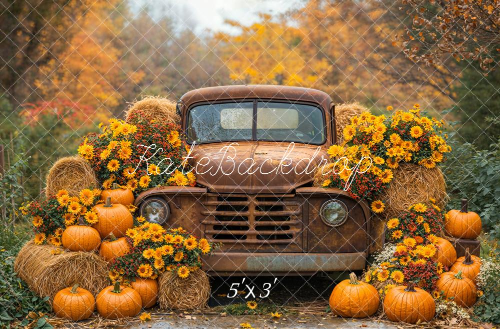 Kate Fall Vintage Truck Pumpkins Hay Bales Sunflowers Backdrop Designed by Emetselch