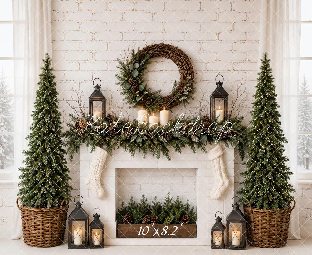 Kate Christmas Fireplace Minimalist Pine Trees Wreath Lanterns Printed Backdrop Designed by Emetselch