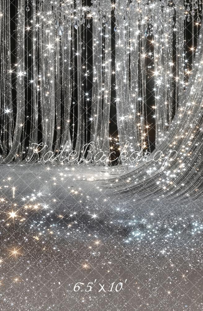 Kate Silver Glitter Crystal Chandelier Drapes Printed Backdrop Designed by Chain Photography
