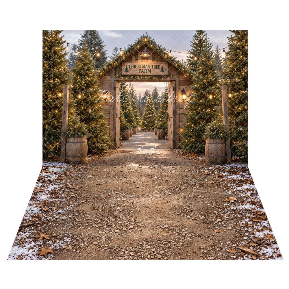 Kate Christmas Tree Farm Gate Wood Rustic Printed Backdrop+Winter Snowy Dirt Path Withered Leaves Floor Printed Backdrop