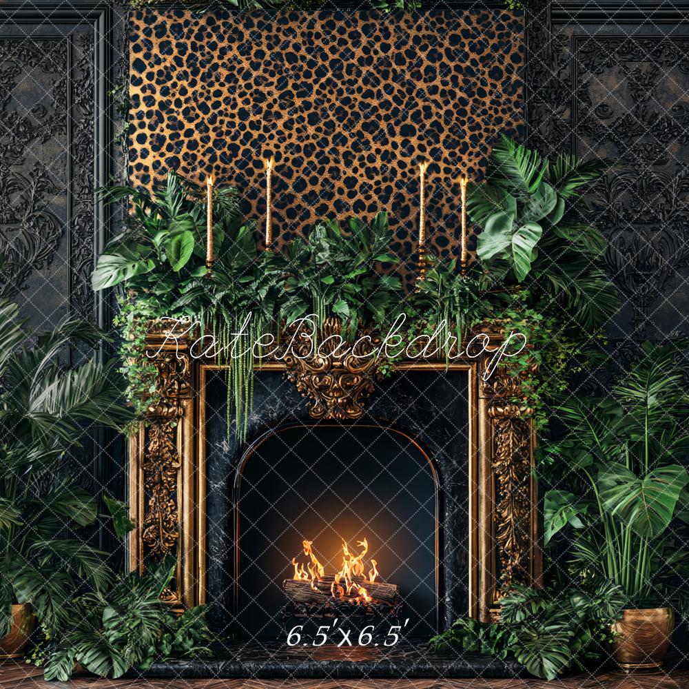Kate Boudoir Leopard Print Ornate Fireplace Jungle Greenery Printed Backdrop Designed by Ashley Paul