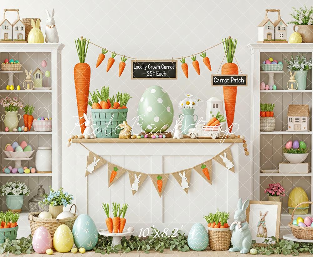 Kate Easter Bunny Carrot Patch Pastel Eggs Fireplace Backdrop Designed by Patty Roberts