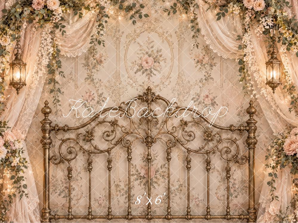 Kate Spring Romantic Brass Headboard Beige Flower Lace Drapes Printed Backdrop Designed by Laura Bybee
