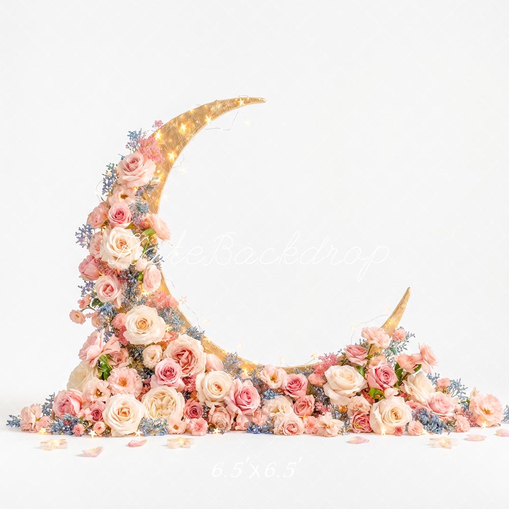 Kate Birthday Floral Crescent Moon Lights Printed Backdrop Designed by Angela Miller