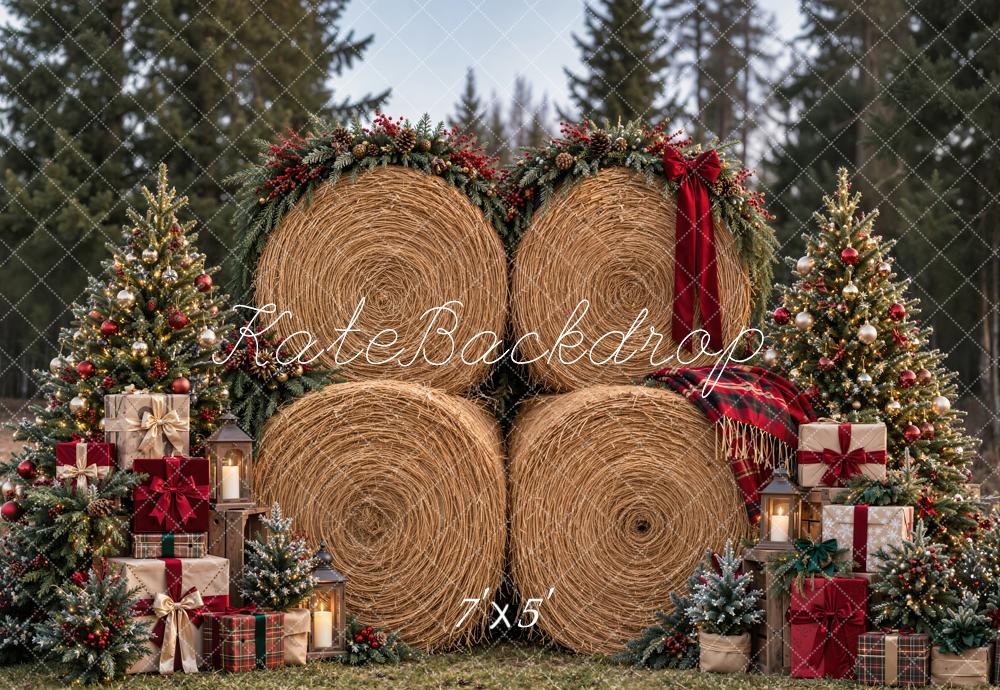 Kate Christmas Hay Bale Christmas Trees Red Bow Woodland Printed Backdrop Designed by Emetselch