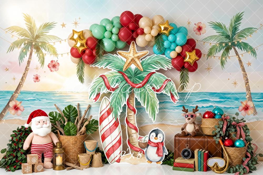Kate Christmas Australian Tropical Beach Santa Balloon Arch Printed Backdrop Designed by Patty Roberts
