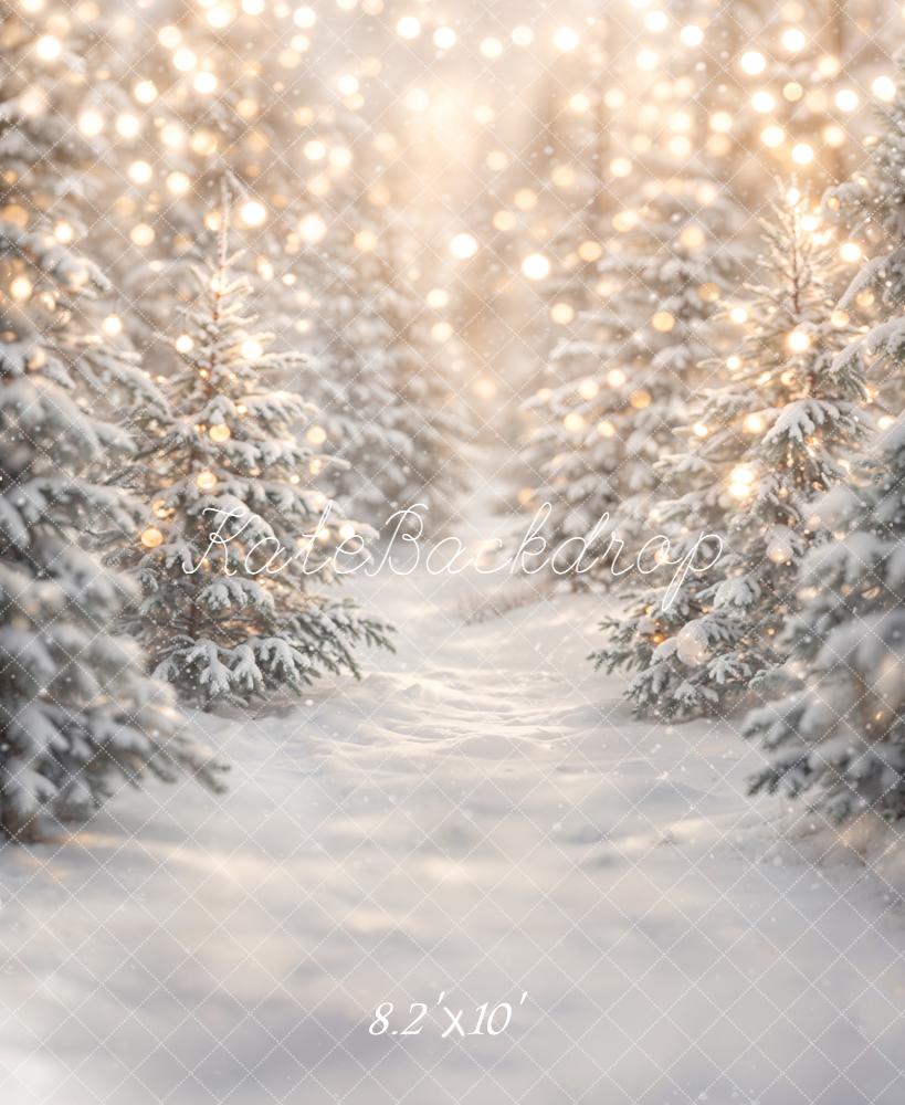 Kate Christmas Snowy Pine Trees Warm Lights Printed Backdrop Designed by Emetselch