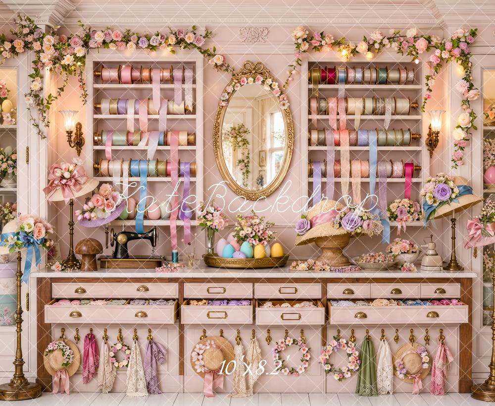 Kate Easter Bonnet Shop Pink Floral Ribbon Printed Backdrop Designed by Patty Roberts