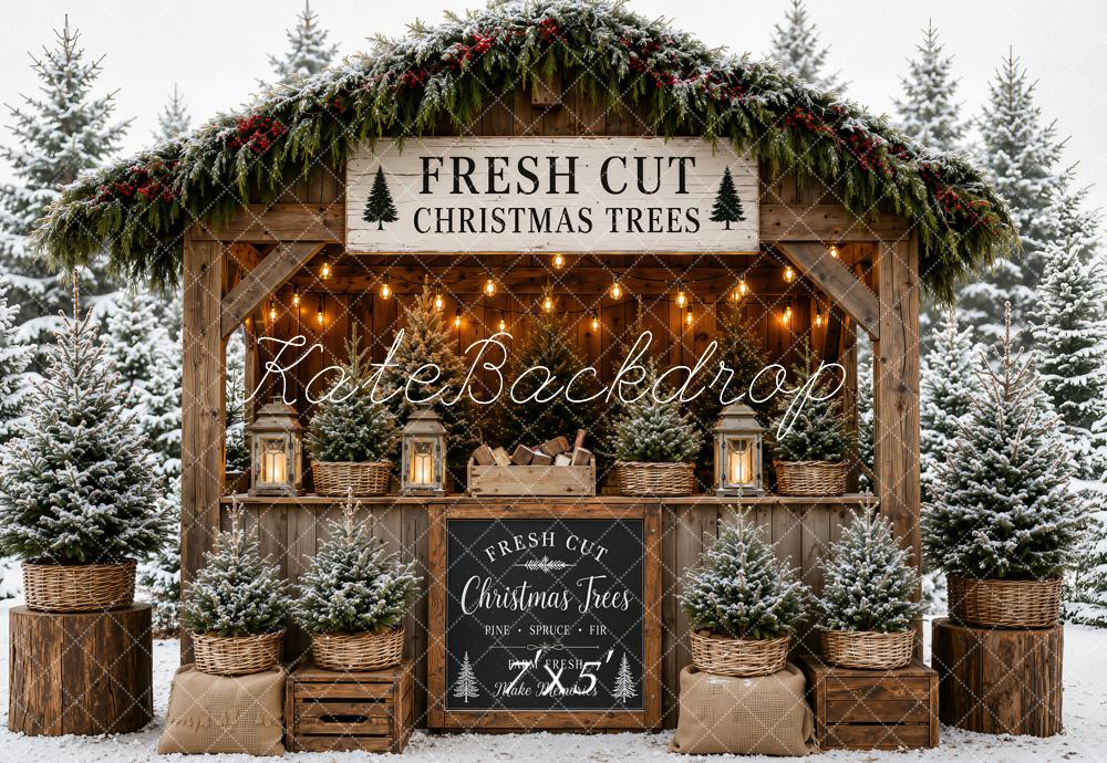 Kate Christmas Trees Wooden Booth Snowy Printed Backdrop Designed by Emetselch