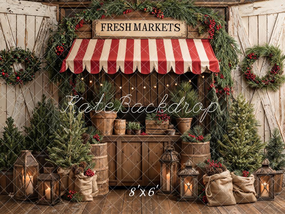 Kate Christmas Market Pine Trees Wreath Lanterns Printed Backdrop Designed by Emetselch