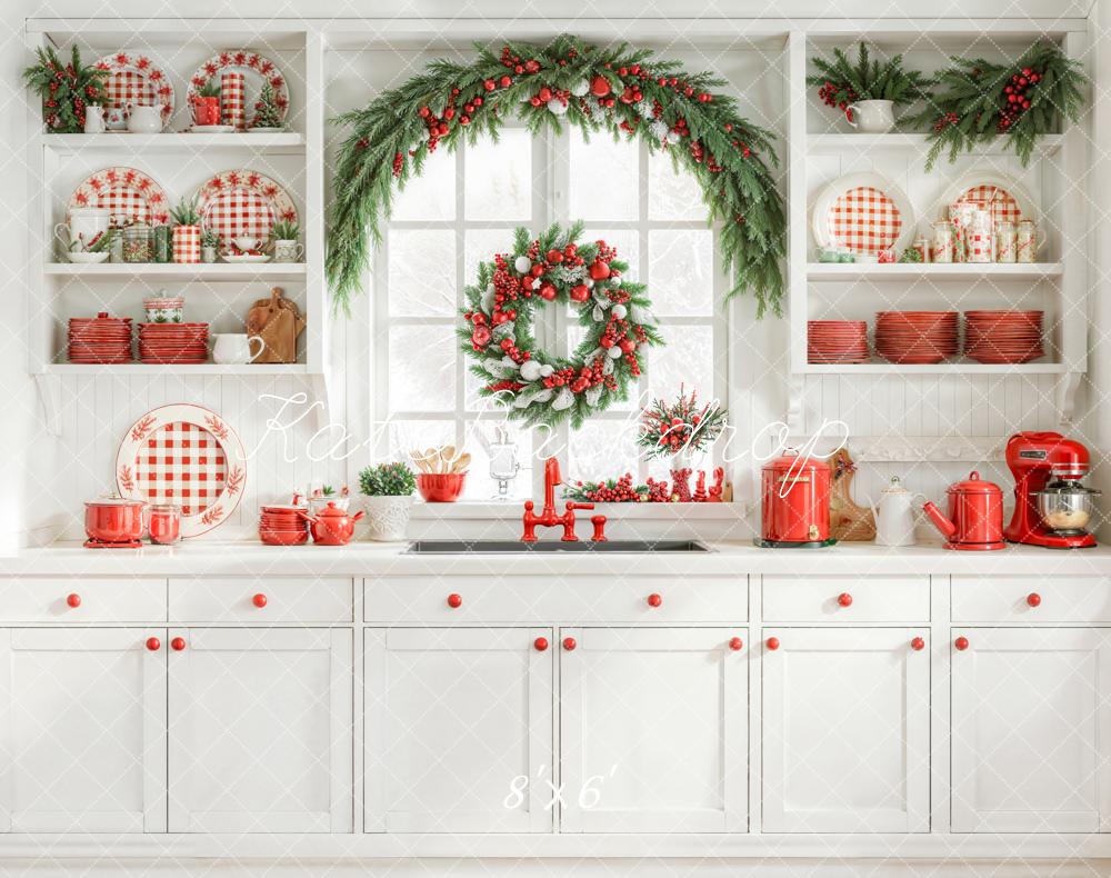Kate Christmas Kitchen Red Plaid Dishes Garland Wreath Window Backdrop Designed by Emetselch