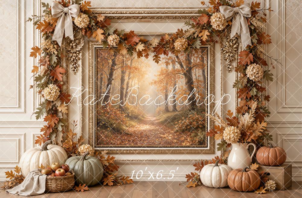 Kate Fall Vintage Framed Wall Pumpkin Garland Forest Printed Backdrop Designed by Emetselch
