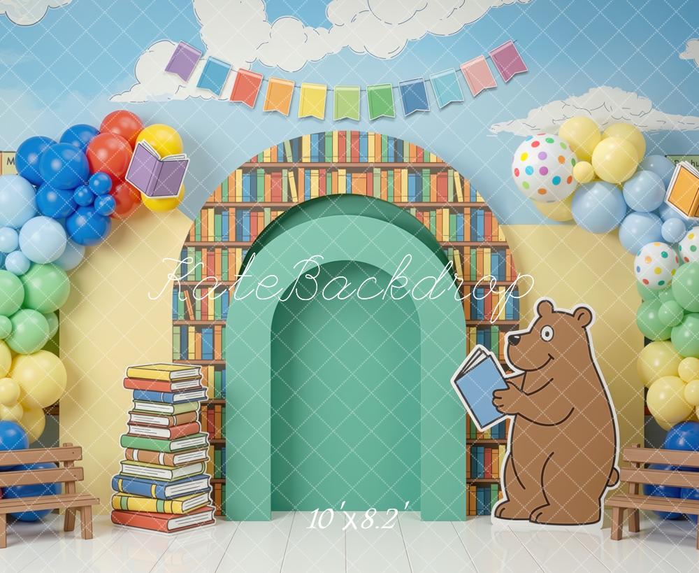 Kate Back to School Book Arch Balloons Cartoon Bear Printed Backdrop Designed by Mini MakeBelieve