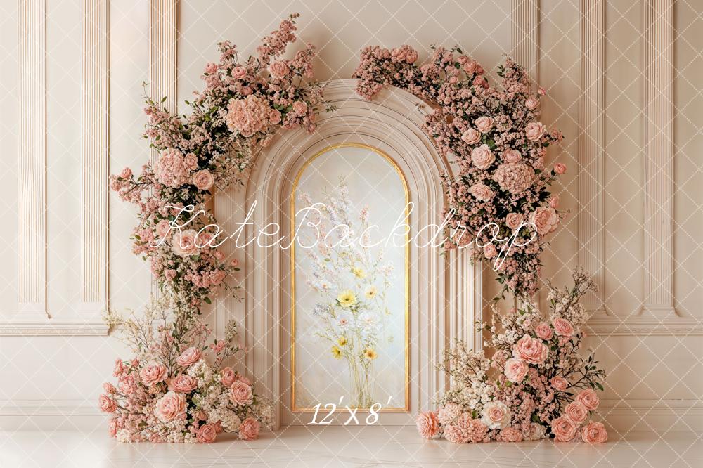 Kate Spring Flower Arch Pink Roses Gold Arch Backdrop Designed by Chain Photography