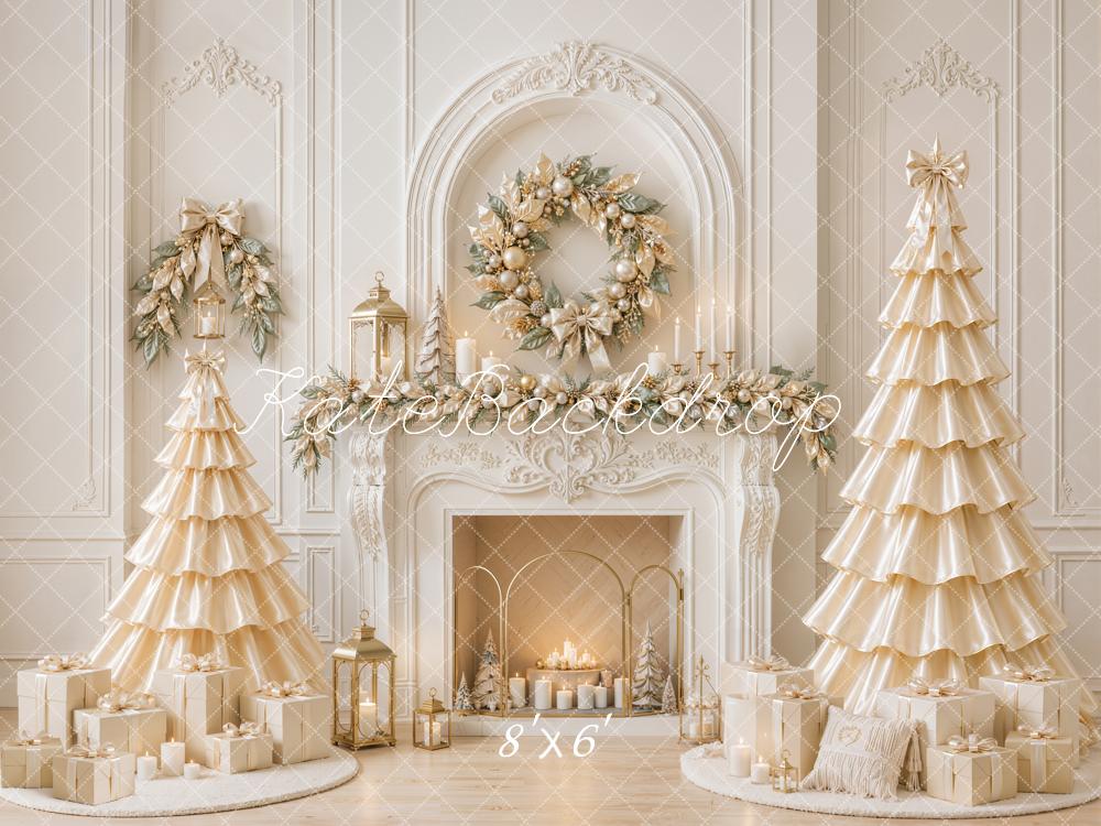 Kate Christmas White Fireplace Wreath Satin Trees Printed Backdrop Designed by Emetselch