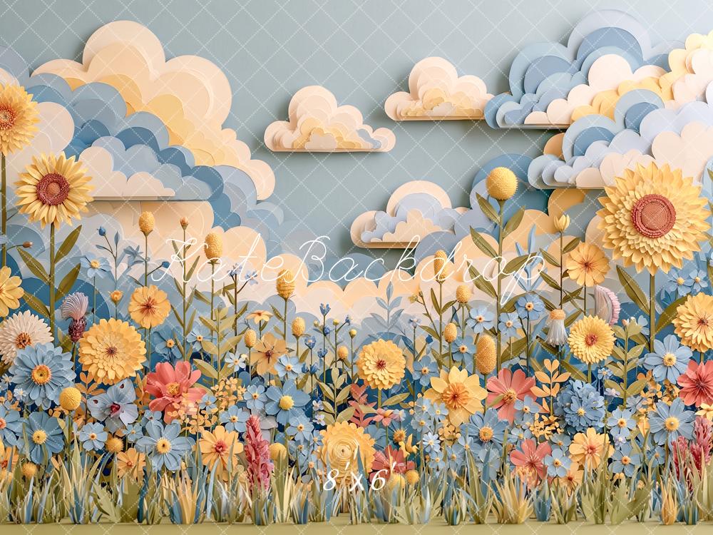 Kate Spring Kids Blue Yellow Paper Flower Meadow Clouds Printed Backdrop Designed by Angela Miller