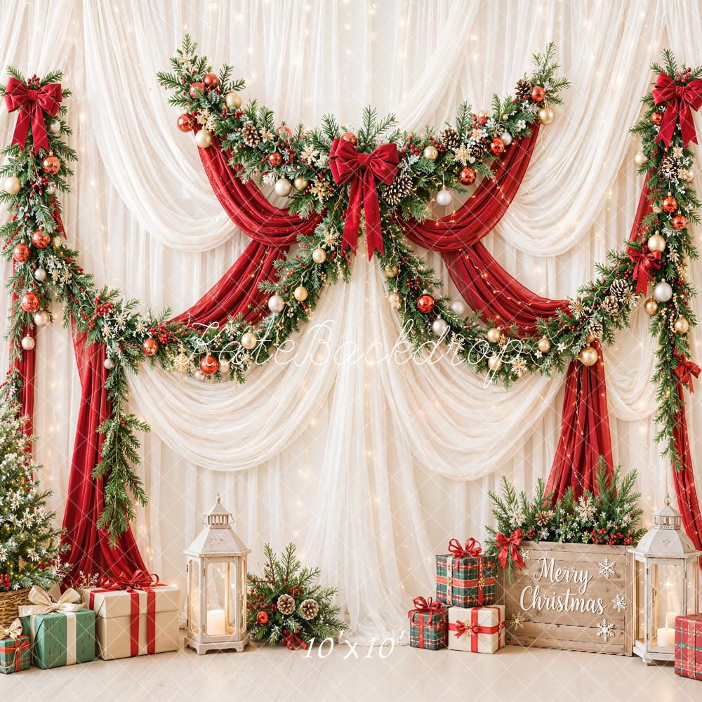 Kate Christmas Garland Red Drapes Gift Boxes Printed Backdrop Designed by Emetselch