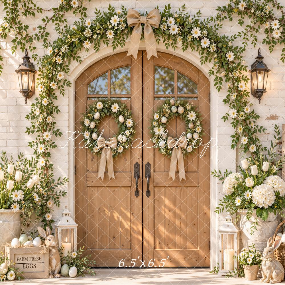 Kate Easter Wood Door Flower Arch Farmhouse Bunny Printed Backdrop Designed by Emetselch