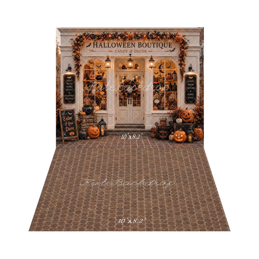 Kate Halloween Candy Boutique Pumpkin Storefront Garland Printed Backdrop+Brown Mosaic Tile Floor Printed Backdrop