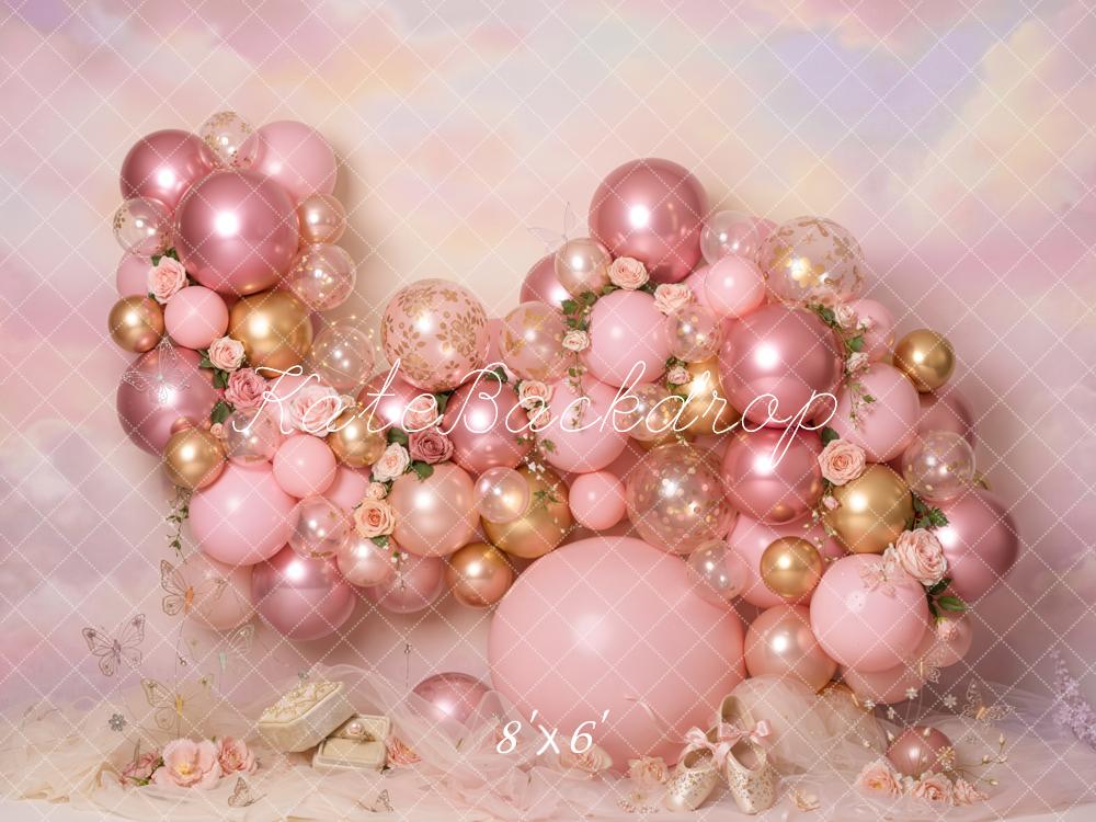 Kate Cake Smash Pink Balloon Arch Rose Gold Floral Printed Backdrop Designed by Emetselch