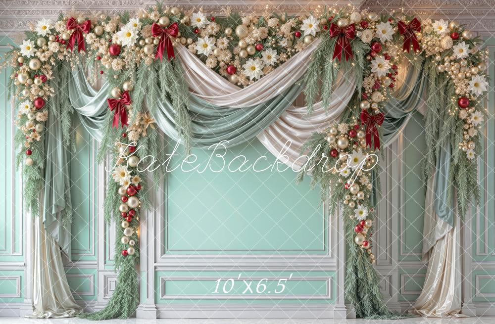 Kate Christmas Mint Green Garland Draped Curtains Printed Backdrop Designed by Mini MakeBelieve