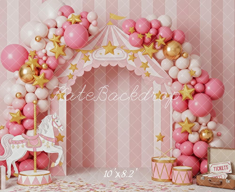 Kate Cake Smash Circus Carousel Balloon Arch Pink Striped Backdrop Designed by Patty Roberts