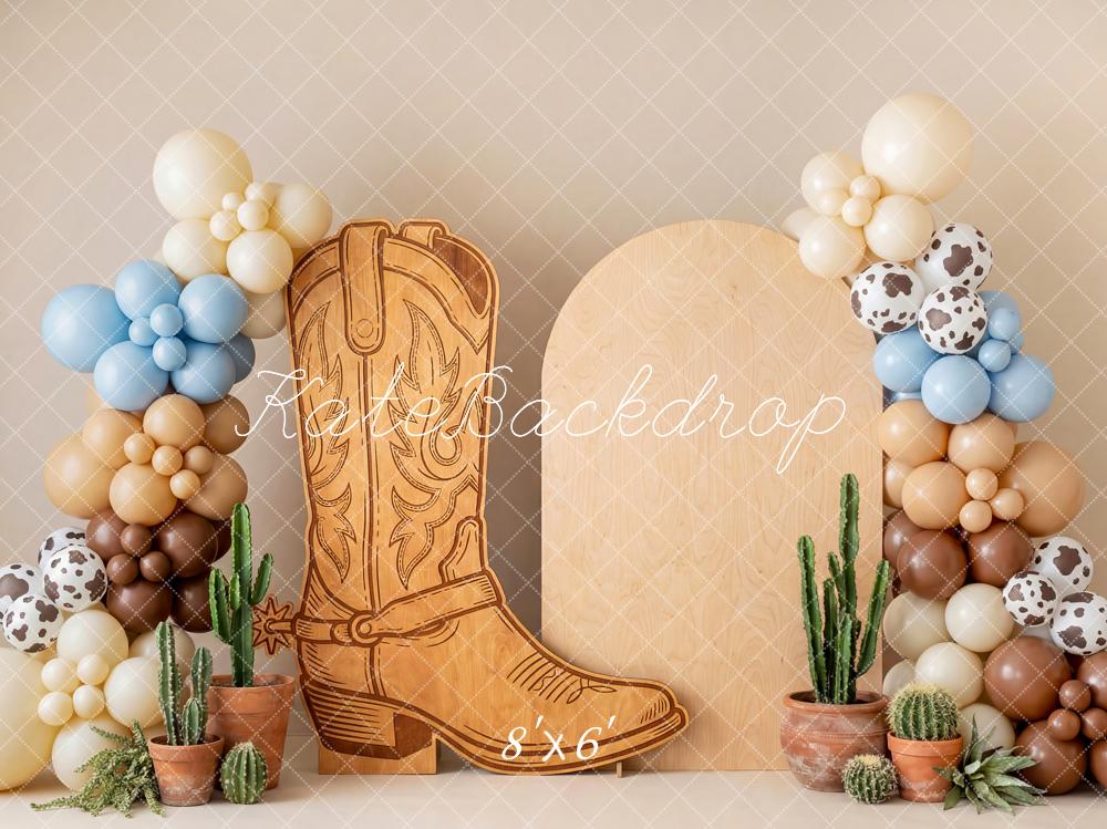 Kate Cake Smash Western Cowboy Boot Cactus Balloon Arch Printed Backdrop Designed by Patty Roberts