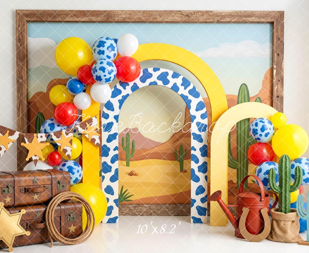 Kate Cake Smash Western Cow Arch Cactus Balloons Printed Backdrop Designed by Mini MakeBelieve