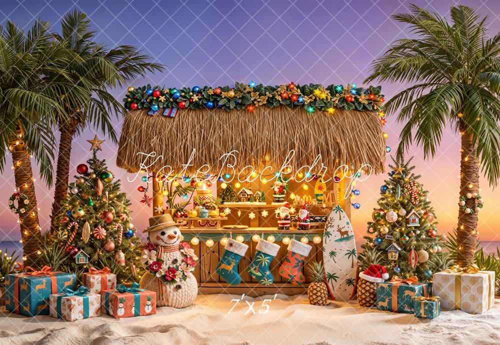 Kate Christmas Tropical Beach Hut Palm Trees Surfboard Printed Backdrop Designed by Emetselch