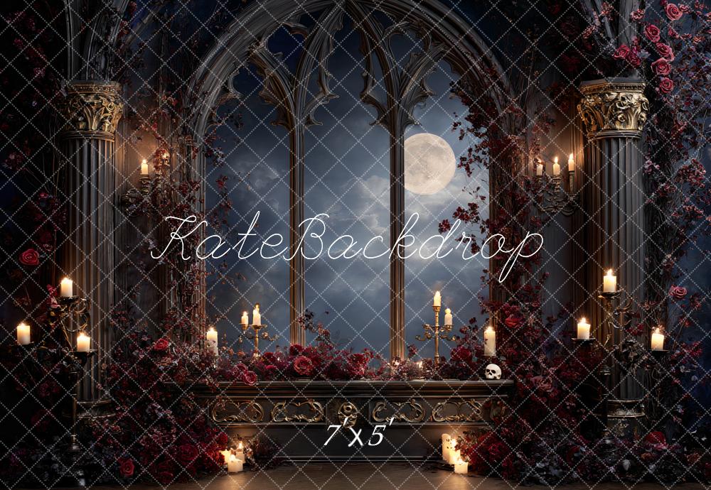 Kate Halloween Gothic Window Castle Moonlight Candles Roses Backdrop Designed by Ashley Paul