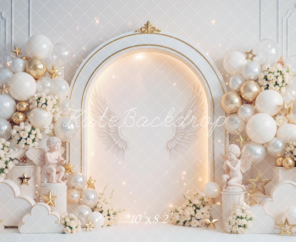 Kate Cake Smash Heaven Made Angel Arch Balloons Stars Clouds Printed Backdrop Designed by Mini MakeBelieve