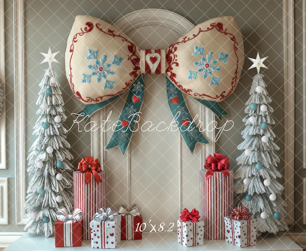 Fondo de Regalos de Árboles Nevados con Gran Lazo de Navidad Diseñado por Mini MakeBelieve
