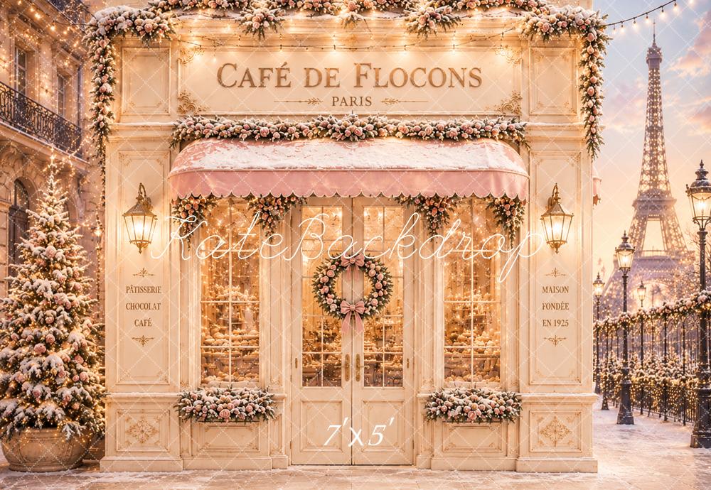 Kate Christmas Paris Café Snowy Eiffel Tower Printed Backdrop Designed by Caitlin Lynch