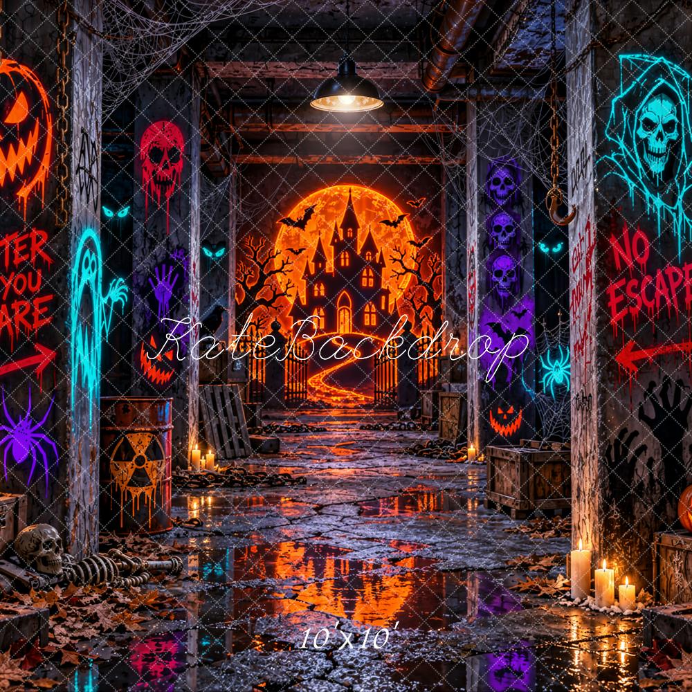 Kate Halloween Haunted Castle Hallway Pumpkins Printed Backdrop Designed by Emetselch
