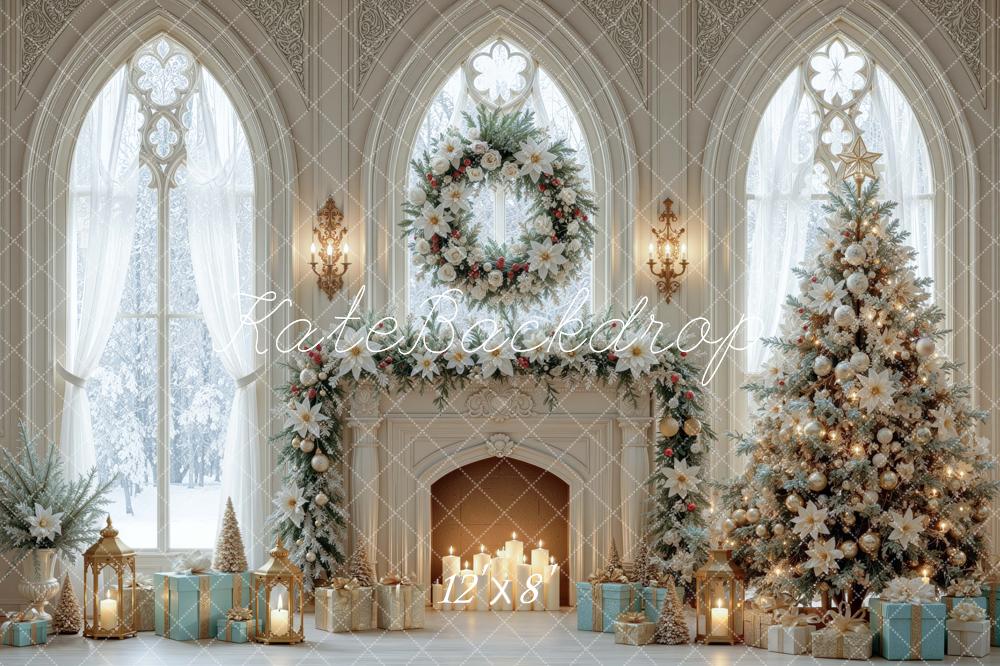 Kate Christmas Cathedral Fireplace Wreath Tree Printed Backdrop Designed by Mini MakeBelieve
