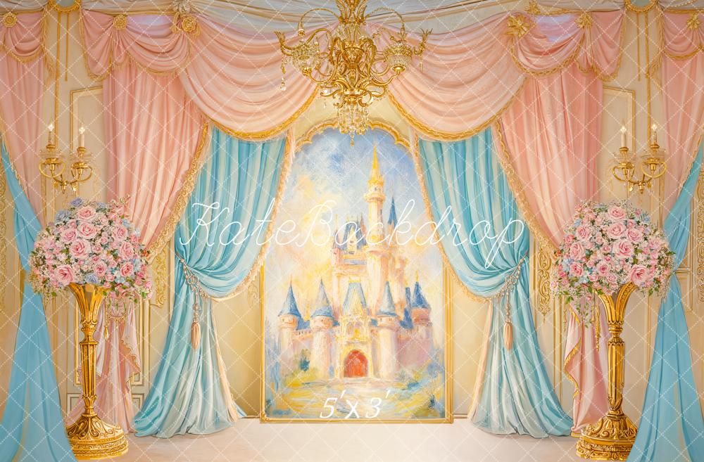 Kate Cake Smash Fairy Fantasy Castle Gold Chandelier Pink Blue Drapes Backdrop Designed by GQ